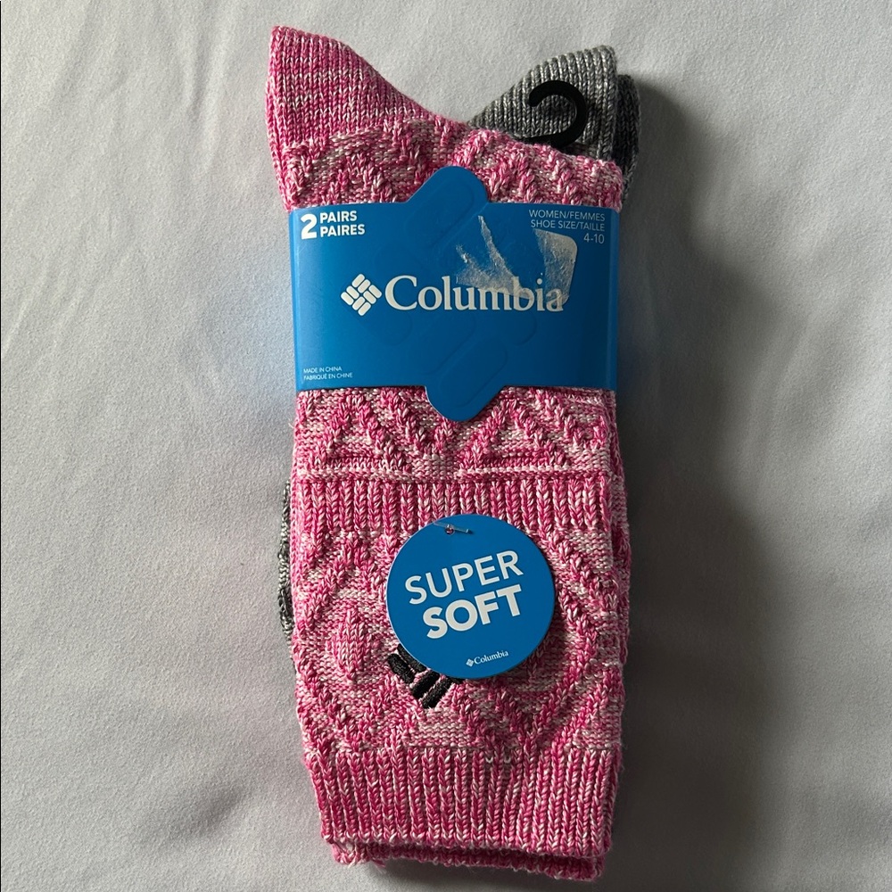 Columbia Pink Ice /Charcoal Gray 2 Pair Super Soft Crew Socks - Picture 2 of 11